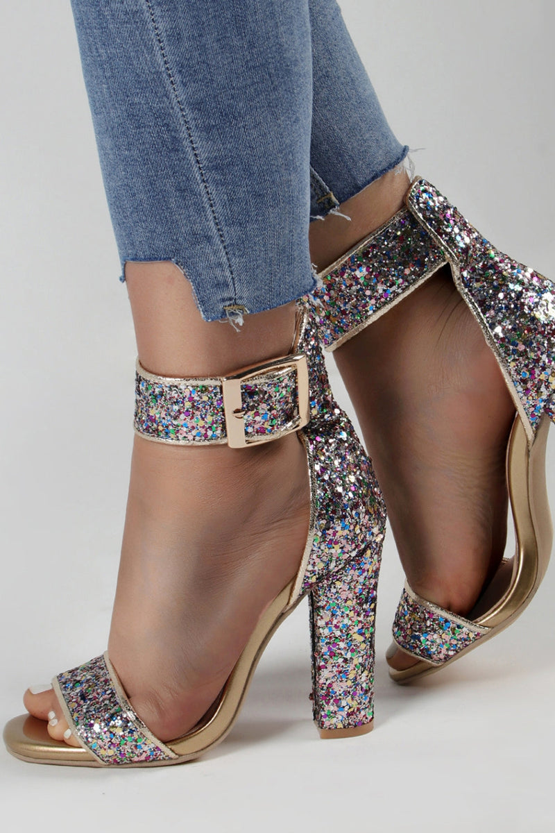 Load image into Gallery viewer, Glitter Golden Open Toe Buckle Party Shoes