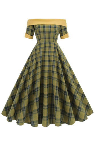 Off The Shoulder Green Grid Vintage 1950s Dress