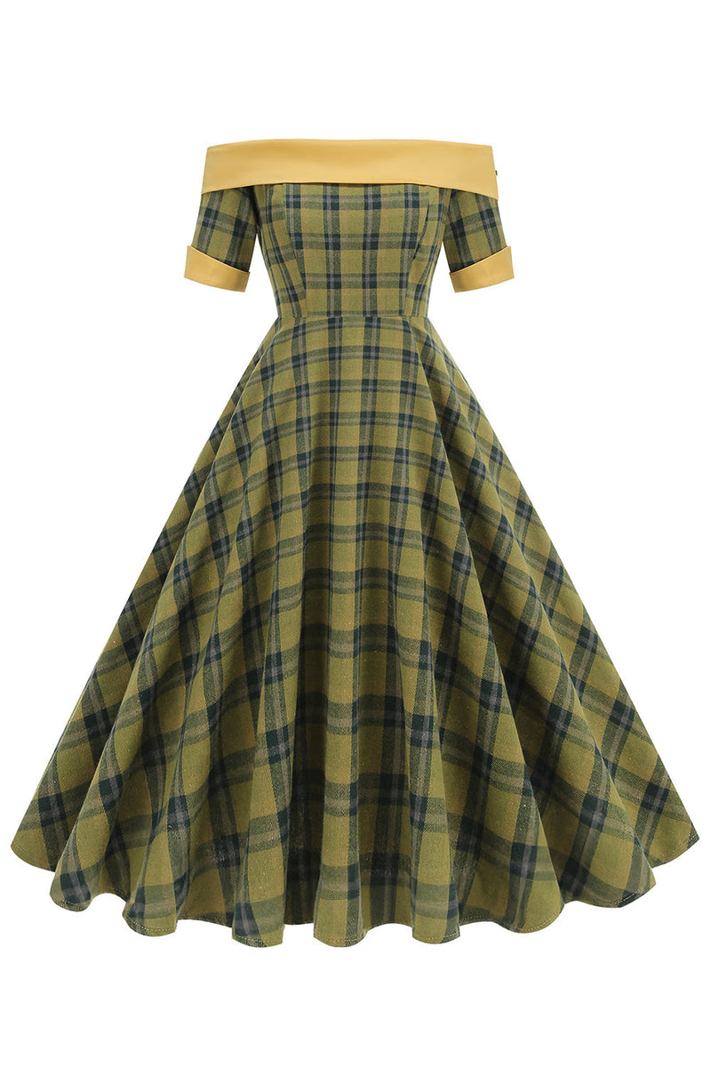 Load image into Gallery viewer, Off The Shoulder Green Grid Vintage 1950s Dress