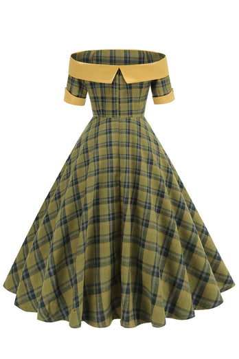 Off The Shoulder Green Grid Vintage 1950s Dress