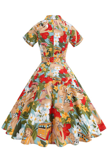 Flower A Line Printed Vintage 1950s Dress