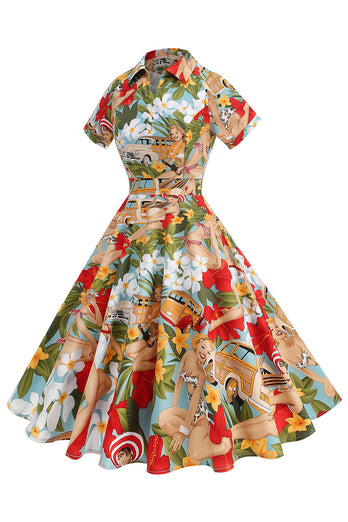 Flower A Line Printed Vintage 1950s Dress