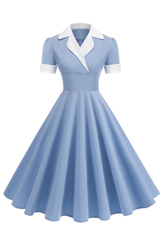 Blue A Line V-Neck 1950s Dress With Short Sleeves