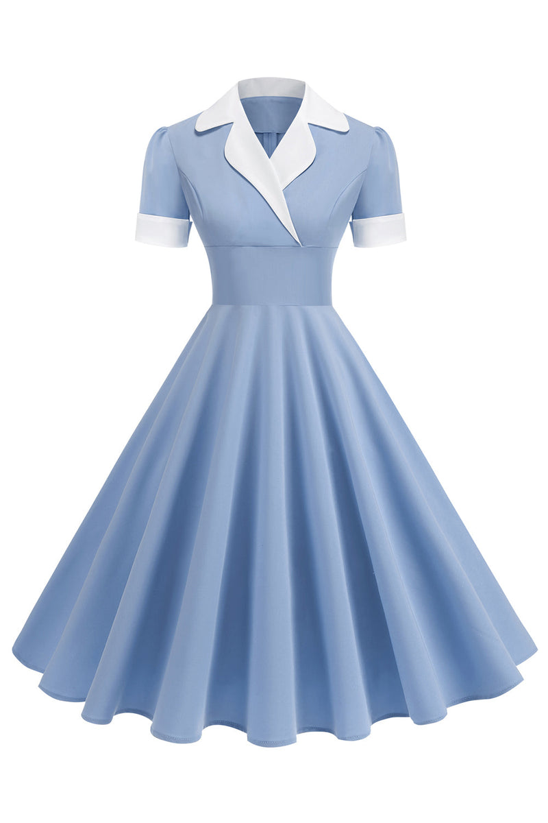 Load image into Gallery viewer, Blue A Line V-Neck 1950s Dress With Short Sleeves