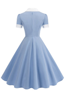 Blue A Line V-Neck 1950s Dress With Short Sleeves