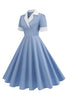 Load image into Gallery viewer, Blue A Line V-Neck 1950s Dress With Short Sleeves