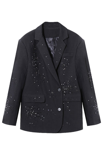 Sparkly Beaded Black Notched Lapel Blazer