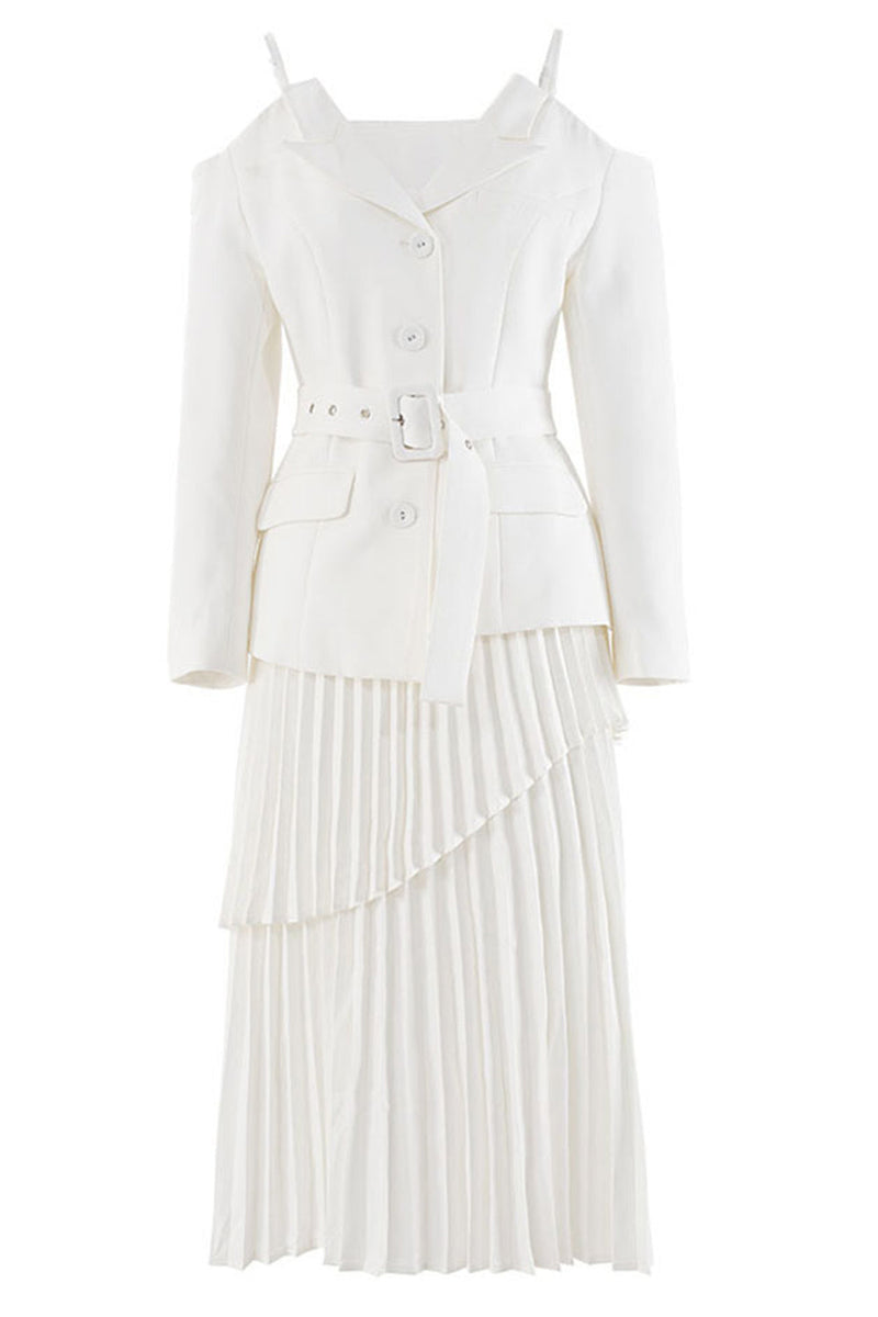 Load image into Gallery viewer, White Belted Pleated Chiffon Women Blazer