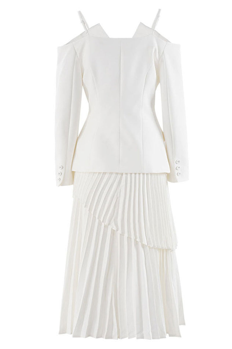 Load image into Gallery viewer, White Belted Pleated Chiffon Women Blazer