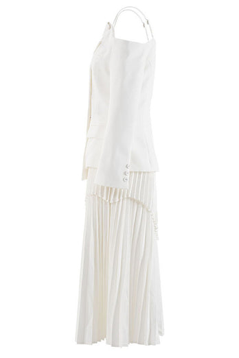 White Belted Pleated Chiffon Women Blazer