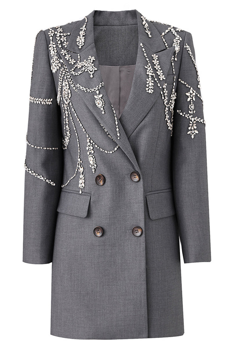 Load image into Gallery viewer, Sparkly Grey Peak Lapel Beaded Double-Breasted Blazer Dress