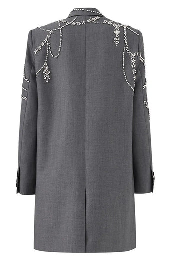 Sparkly Grey Peak Lapel Beaded Double-Breasted Blazer Dress