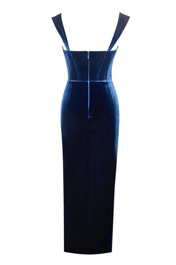 Sexy Royal Blue Velvet Bodycon Cocktail Dress with Slit