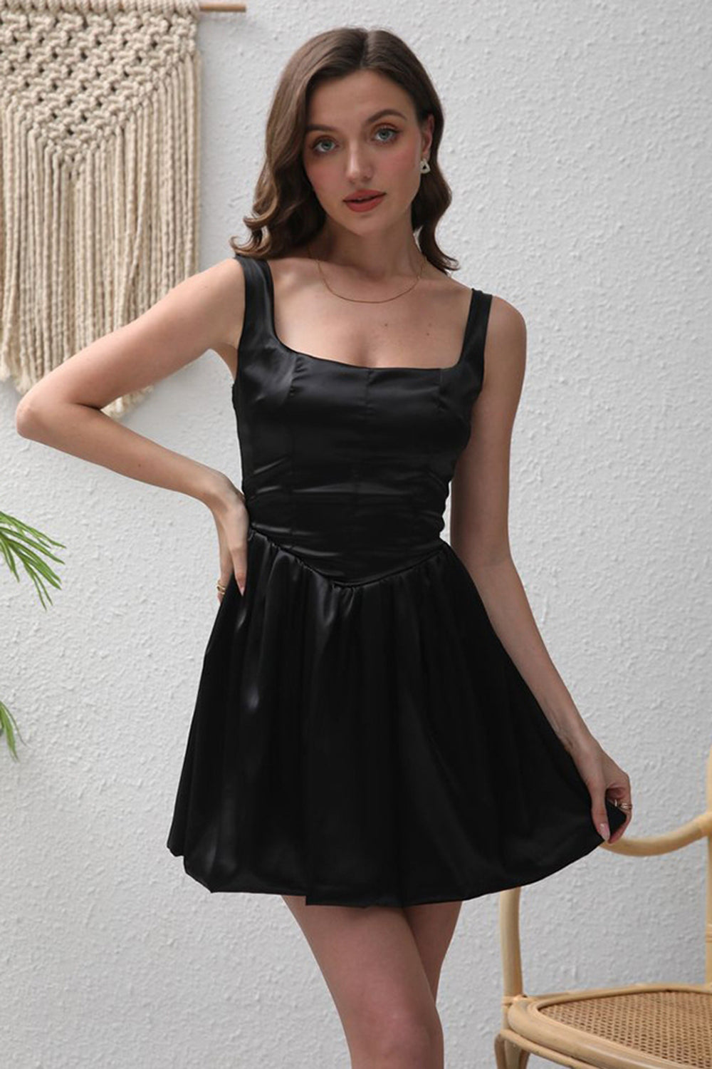 Black A-Line Satin Short Party Dress