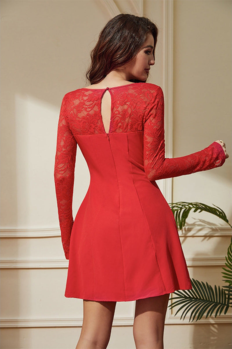 Load image into Gallery viewer, Red A-Line Lace Long Sleeves Short Party Dress