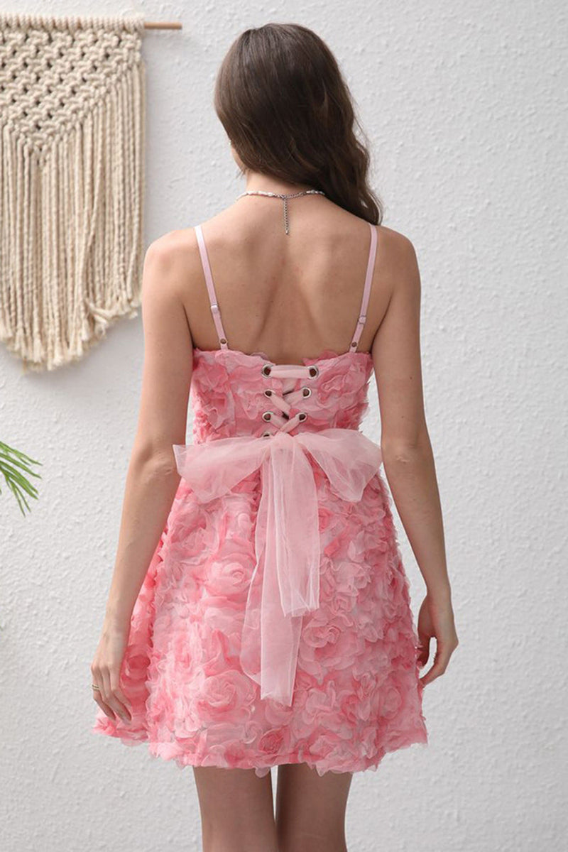 Load image into Gallery viewer, Pink Flower A-Line Spaghetti Straps Short Party Dress