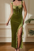 Load image into Gallery viewer, Green Mermaid Velvet Corset Long Party Dress with Laced Slit