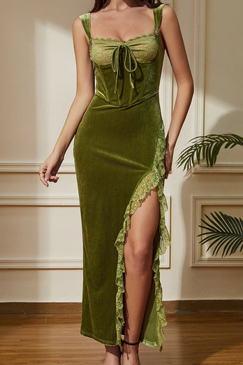 Green Mermaid Velvet Corset Long Party Dress with Laced Slit