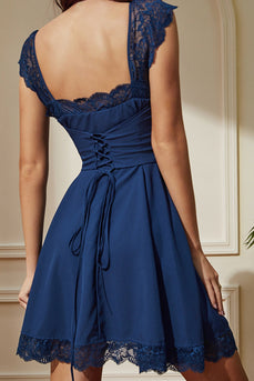 Navy Laced Square Neck A-Line Short Party Dress