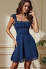 Load image into Gallery viewer, Navy Laced Square Neck A-Line Short Party Dress