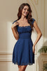 Load image into Gallery viewer, Navy Laced Square Neck A-Line Short Party Dress