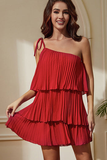 Red One Shoulder Pleated Tiered Sheath Short Party Dress