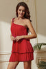 Load image into Gallery viewer, Red One Shoulder Pleated Tiered Sheath Short Party Dress