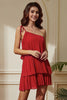 Load image into Gallery viewer, Red One Shoulder Pleated Tiered Sheath Short Party Dress