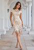 Load image into Gallery viewer, Sparkly Champagne High Neck Tight Short Party Dress with Tassels