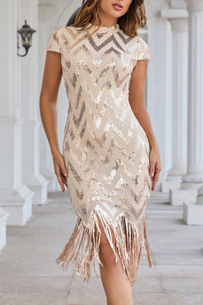 Sparkly Champagne High Neck Tight Short Party Dress with Tassels