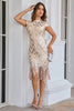 Load image into Gallery viewer, Sparkly Champagne High Neck Tight Short Party Dress with Tassels