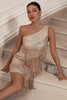 Load image into Gallery viewer, Sparkly Champagne One Shoulder Tight Short Party Dress with Tassels