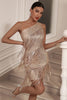 Load image into Gallery viewer, Sparkly Champagne One Shoulder Tight Short Party Dress with Tassels