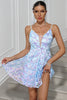 Load image into Gallery viewer, Sparkly Blue A Line Sequined Embroidery Spaghetti Straps Short Party Dress