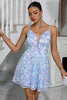 Load image into Gallery viewer, Sparkly Blue A Line Sequined Embroidery Spaghetti Straps Short Party Dress