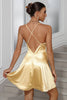 Load image into Gallery viewer, Golden A-Line Spaghetti Straps Satin Short Party Dress