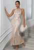 Load image into Gallery viewer, Sparkly Champagne Mermaid Halter Sequined Long Party Dress