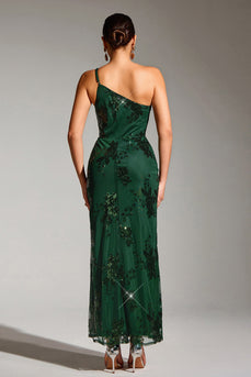 Sparkly Dark Green One Shoulder Mermaid Sequin Long Party Dress with Slit