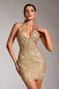 Load image into Gallery viewer, Sparkly Golden Halter Sequins Short Party Dress