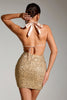 Load image into Gallery viewer, Sparkly Golden Halter Sequins Short Party Dress