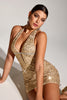 Load image into Gallery viewer, Sparkly Golden Halter Sequins Short Party Dress