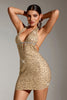 Load image into Gallery viewer, Sparkly Golden Halter Sequins Short Party Dress