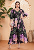 Load image into Gallery viewer, Black Floral A-Line V Neck Long Prom Dress with Belt