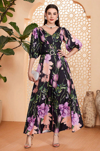 Black Floral A-Line V Neck Long Prom Dress with Belt