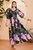 Load image into Gallery viewer, Black Floral A-Line V Neck Long Prom Dress with Belt