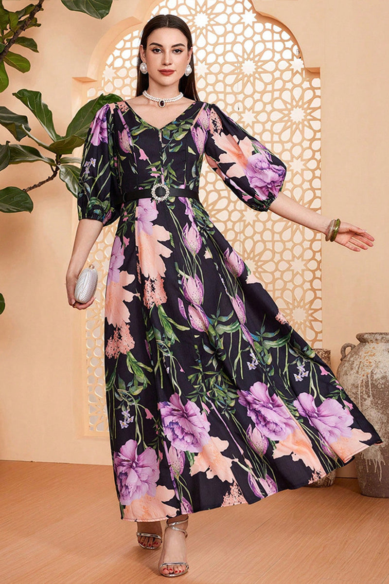 Load image into Gallery viewer, Black Floral A-Line V Neck Long Prom Dress with Belt