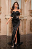 Load image into Gallery viewer, Sparkly Black Off the Shoulder Mermaid Corset Long Prom Dress with Slit