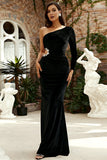 Sparkly Black Velvet Beaded One Shoulder Hollow Out Long Prom Dress