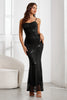 Load image into Gallery viewer, Sparkly Black Sequined Embroidery Mermaid Spaghetti Straps Long Prom Dress