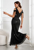 Load image into Gallery viewer, Sparkly Black Mermaid Fringed Cold Shoulder Long Prom Dress with Slit